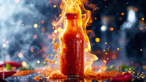 Hot Sauce Bottle with Fiery Flames and Spice, Fiery visuals of chili peppers and spicy condiments, flames enveloping the products in Editorial Photography style for impactful marketing use