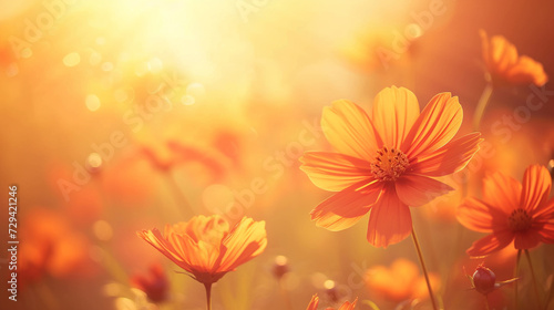 Beautiful orange cosmos flowers in the rays of the setting sun.