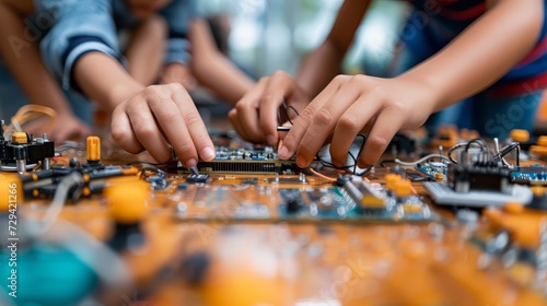 Kids Engaged in Hands-On Electronics Project, Close-up of children's hands assembling a simple robot kit for a science project