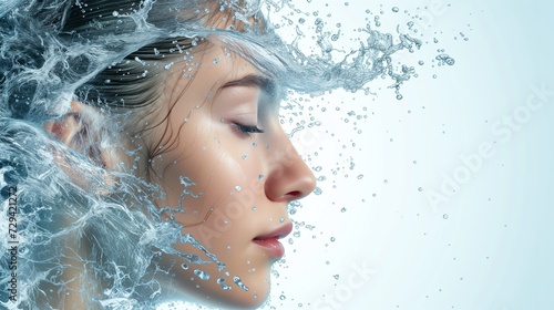 Close-up of a serene woman's face with clear water droplets suspended around her, symbolizing purity and skincare. 