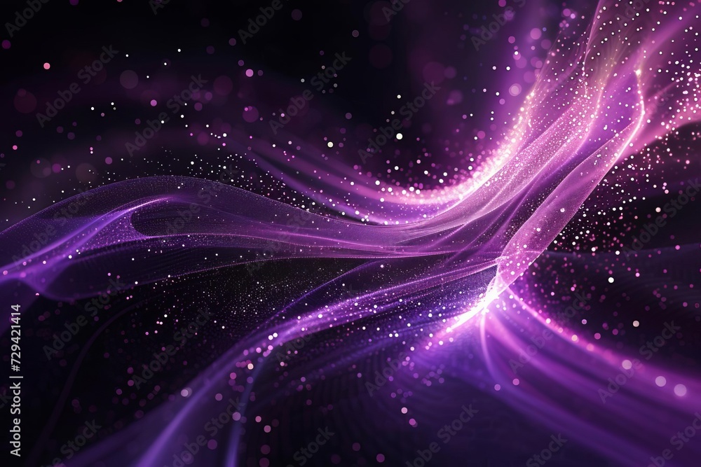 Obraz premium Digital abstract background with swirling purple particles and light Creating a captivating and futuristic atmosphere with shining dots and stars