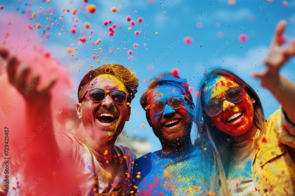 Young guys and girl in sunglasses celebrate the Holi festival against blue sky. Young guys and girl in sunglasses celebrate the Holi festival against blue sky.