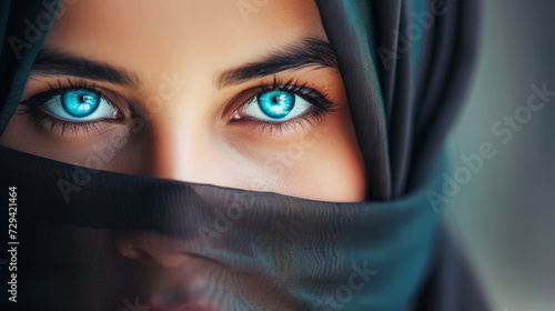 Portrait of a young Arab woman in black  hijab with blue eyes. Traditional clothing. Banner