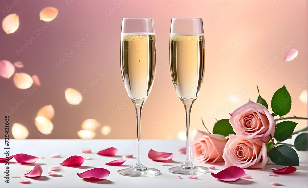 Two champagne glasses on a minimalist backdrop, rose petals subtly scattered in the background suggesting a romantic theme. Generative AI Two champagne glasses on a minimalist backdrop, rose petals subtly scattered in the background suggesting a romantic theme. Generative AI