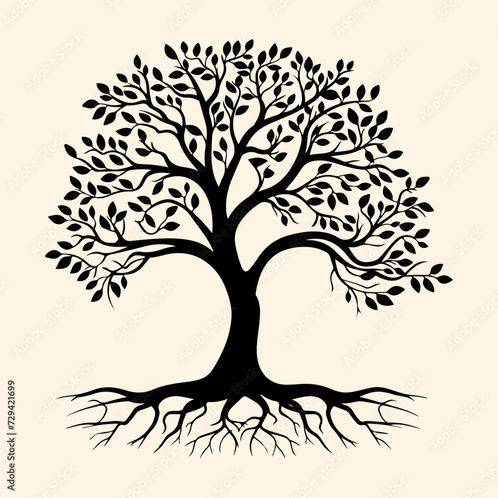 Obraz premium Tree with roots black silhouette. Different type of tree with root vector icon 