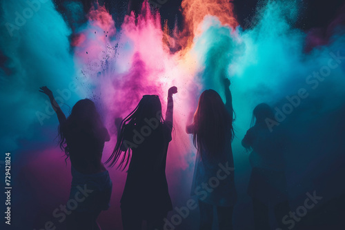 Dark silhouettes of girls throwing blue and magenta powder at the Holi festival.