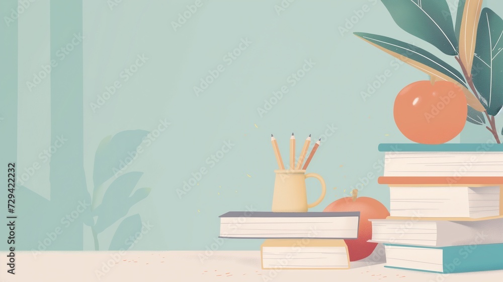 "Illustration of School Books, Apples, and Plants on Table: Pastel Colors, Space for Copy Text - obrazy, fototapety, plakaty 