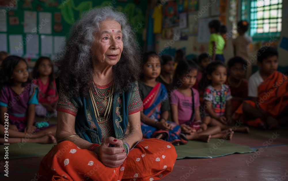 Multiracial Woman Sitting on Floor With Group of Children Multiracial Woman Sitting on Floor With Group of Children