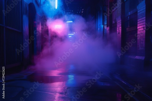 Mysterious dark empty street with a dark blue ambiance Neon lights And spotlights Enhanced by rising smoke Creating a dramatic and atmospheric night scene