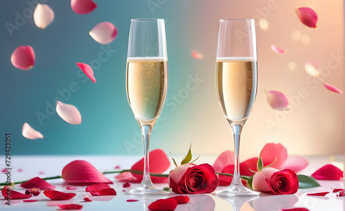 Two champagne glasses on a minimalist backdrop, rose petals subtly scattered in the background suggesting a romantic theme. Generative AI