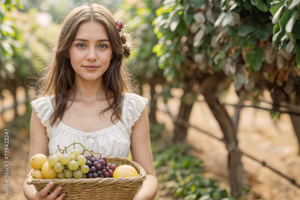 Freschezza della Terra- Giovane Contadina con Cesto d'Uva, Incarnazione di una Dieta Equilibrata Freschezza della Terra- Giovane Contadina con Cesto d'Uva, Incarnazione di una Dieta Equilibrata