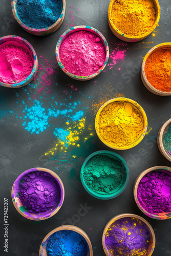 Colorful vibrant Holi powder in bowls on a blue background. Top view. Copy space.