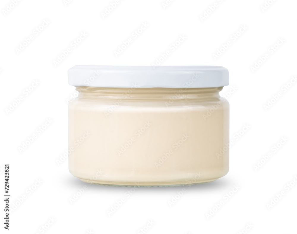 Natural dairy product, sour cream, Greek yogurt, cream or sauce isolated on a white background. Empty glass jar mockup concept for advertising a healthy farm product. Natural dairy product, sour cream, Greek yogurt, cream or sauce isolated on a white background. Empty glass jar mockup concept for advertising a healthy farm product.
