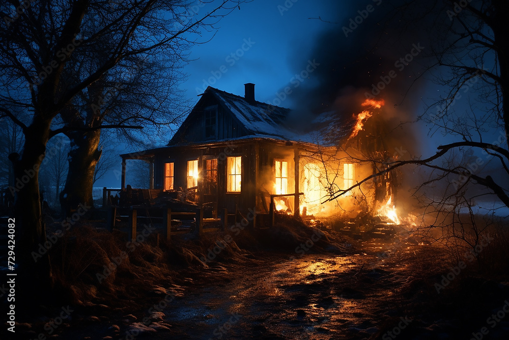 Burning big house at night, fire close-up Burning big house at night, fire close-up