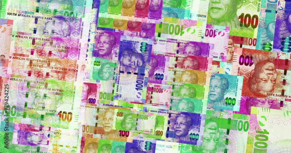 South Africa Rand banknotes abstract color loop pattern. South African 100 ZAR bank note concept of currency, finance and economy. Looped and seamless design background. South Africa Rand banknotes abstract color loop pattern. South African 100 ZAR bank note concept of currency, finance and economy. Looped and seamless design background.