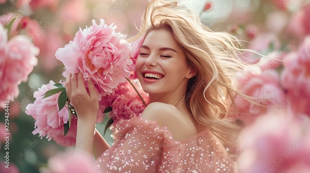 Joyful young woman embracing pink peonies in bloom. fresh spring concept, feminine style outdoor portrait. summery lightness and elegance captured. AI