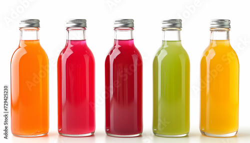 Five glass bottles containing different color liquids, without labels or text. Some condense from the cold bottles.