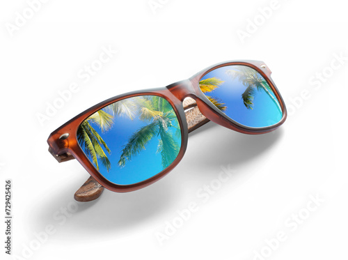 Collection of summer vacation design element. Sunglasses with reflection of palm trees and sky on a white table. PNG travel background design element with real transparent shadow on transparent backgr