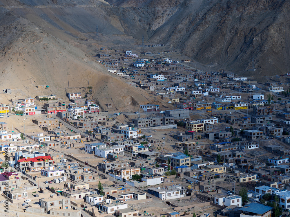 Overlooking Leh town from Leh palace. The town is located in the valley of the upper Indus River at an elevation of 11,550 feet (3,520 metres) and also former capital of the Kingdom of Ladakh.