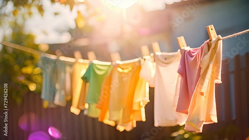 Colorful children's clothes are dried on the clothesline in the garden outside in the sun. photo