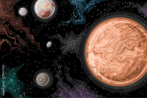 Vector Fantasy Space Chart, horizontal astronomical poster with cartoon design dwarf planet Makemake with moon MK 2 in deep space, decorative futuristic cosmo print with black starry space background