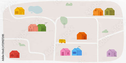 Cute map in cartoon style with trendy simple buildings with textures. Contemporary kids road map. Vector illustration
