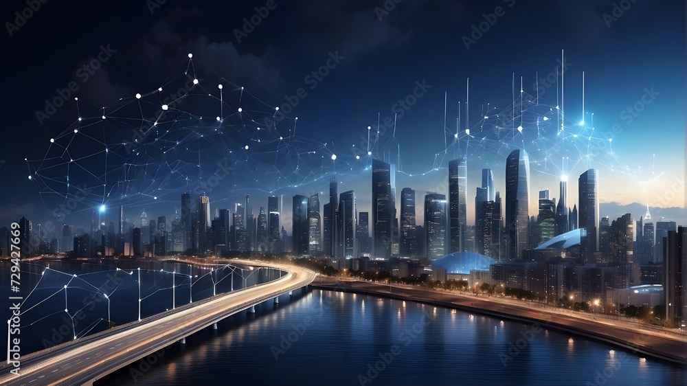 Picture of a Night City with Above Network Lines, The evening sunset silhouette of a modern city with multi-story structures, Blue data signals, city data signals, futuristic cities