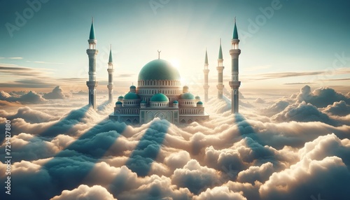 a domed mosque rising above fluffy white clouds against a clear blue sky photo