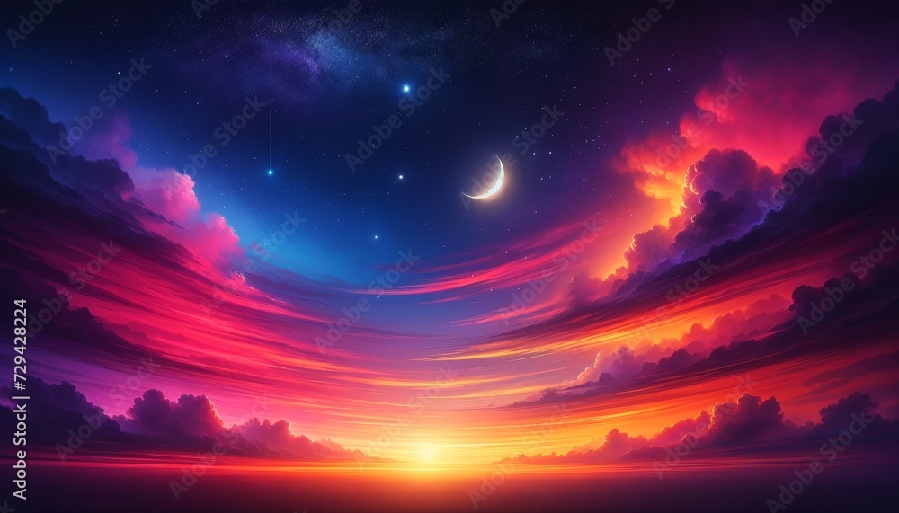 a vibrant twilight sky with a clear view of the crescent moon and stars