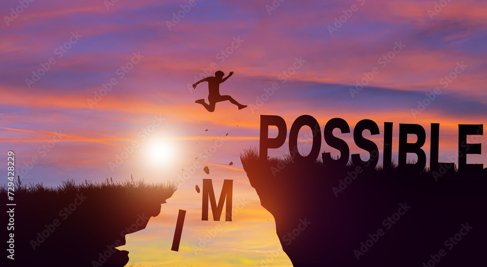 Silhouette man jumping over impossible and possible wording on cliffs with cloud sky and sunrise. Never give up, Success challenge, and Positive mindset Concept. - obrazy, fototapety, plakaty 