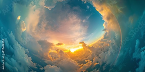 Dramatic sky at sunset captured in a fish eye lens view, offering a unique perspective of nature's beauty. AI photo