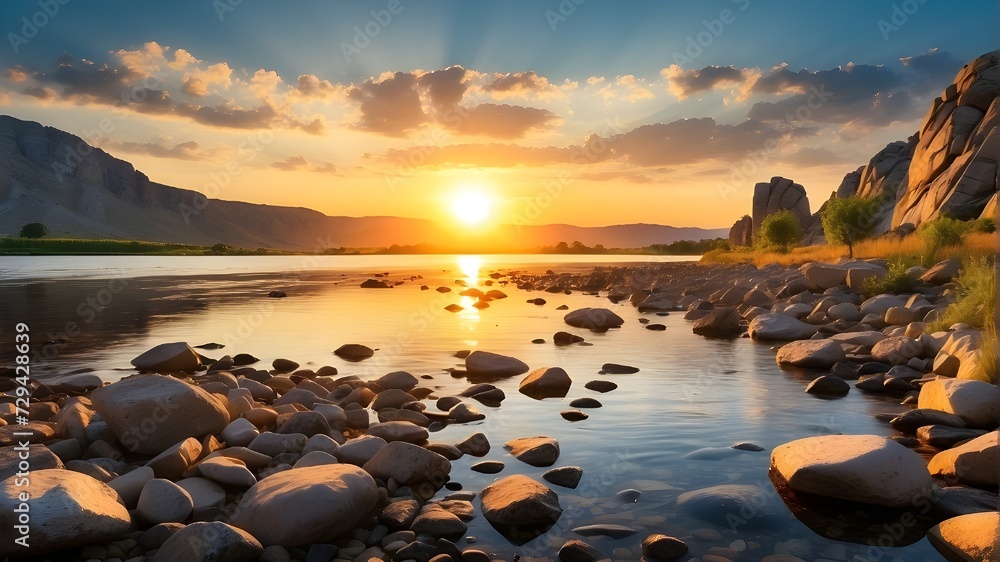 sunrise over the river, sunset over the lake, and sunlit rocks in the river