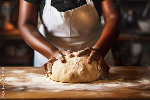 Black woman kneading fresh dough, kitchen background