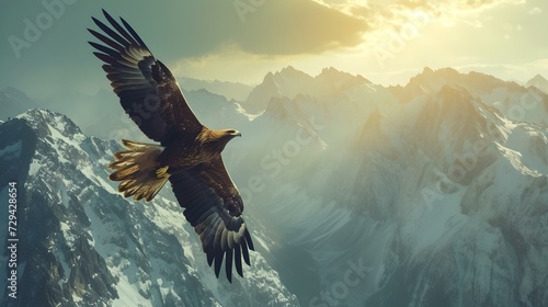 Majestic eagle soaring high above the snowy mountain peaks. natural wildlife scene with a bird in flight. perfect for nature and adventure themes. AI © Irina Ukrainets
