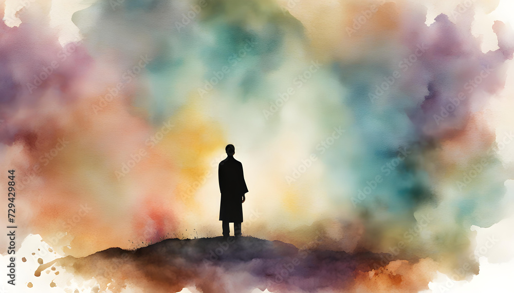 Serenity in Worship: Man's Back View on Watercolor Background Serenity in Worship: Man's Back View on Watercolor Background