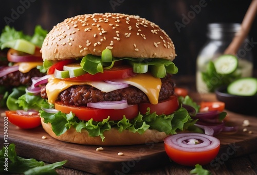 Delicious burger with bacon cucumbers lettuce cheese onion and tomatoes on dark wooden background