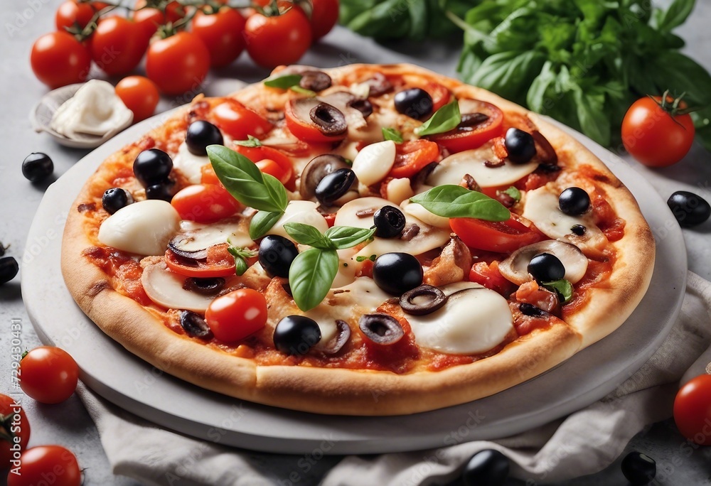 Delicious vegetarian pizza with champignon mushrooms tomatoes mozzarella peppers and black olives is