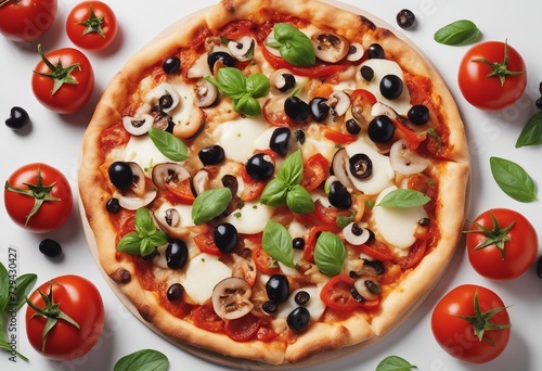 Delicious vegetarian pizza with champignon mushrooms tomatoes mozzarella peppers and black olives is