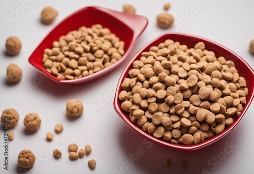 Dry cat food in a red bowl isolated on white background