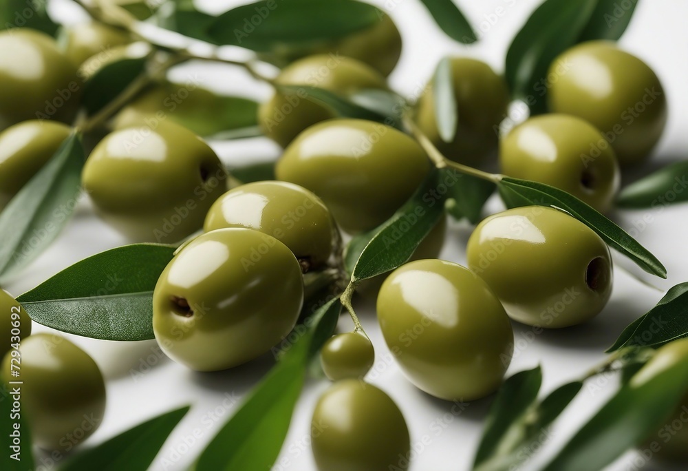 Green olives with leaves isolated on white background Green olives with leaves isolated on white background