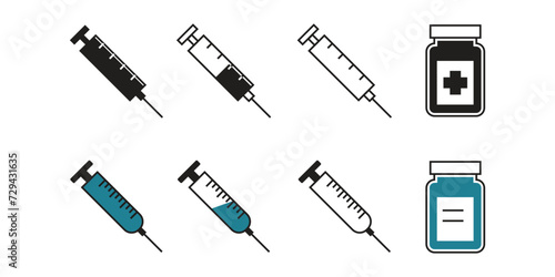 set of syringes for injecting with vaccines, medicine bottles. Vector illustration