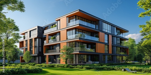 3D Rendering Of A Modern Apartment Building Against A Backdrop Of Green Trees And Blue Sky. Сoncept Modern Architecture, 3D Rendering, Apartment Building, Green Trees, Blue Sky © Ян Заболотний