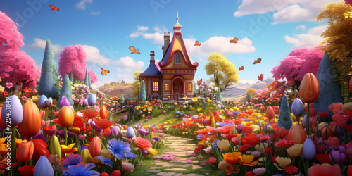 A whimsical garden where balloons grow like flower with blue sky background 