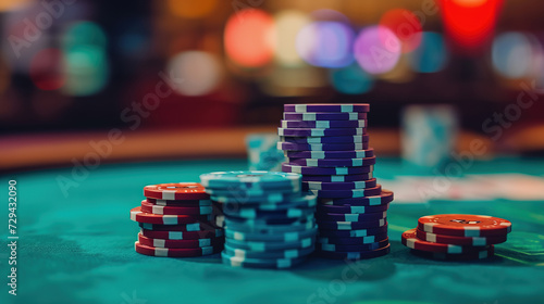 Stacks of poker chips, blurred casino background