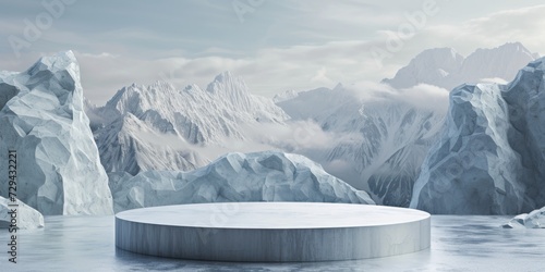 A Frozen Podium Set Against An Icy Background With Mountainous Landscape. Сoncept Winter Wonderland, Frozen Elegance, Mountain Majesty, Ice Queen, Majestic Snowscape