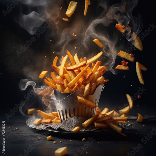 French fries falling with smoke food photography