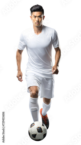 Asian soccer player with football, sports, sportsman, athlete, football plyer, isolated, transparent PNG Background