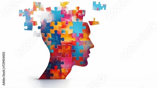 A conceptual image depicting a human head in profile view, seamlessly integrated with jigsaw puzzle pieces, symbolizing cognitive psychology, mental health, problem-solving, and brain function.