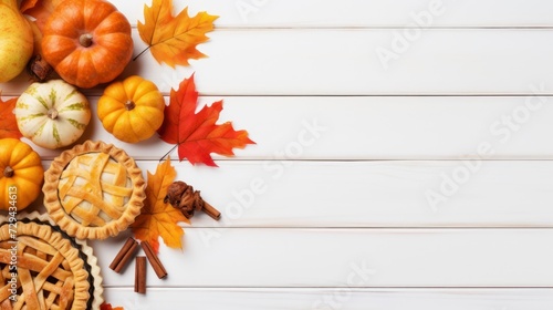 Autumn apple pie  cinnamon and leaves on white wooden background
