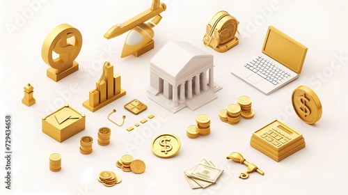 3d finance and business icons set. Concept of money, stock exchange, business investment, trade and finance. 3d rendering